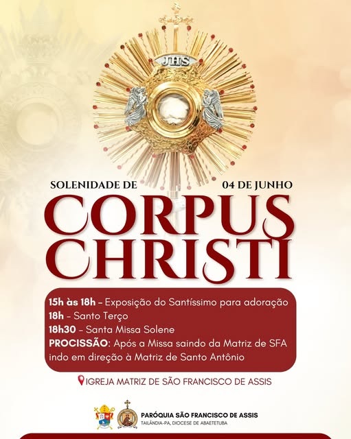 A celebração de Corpus Christi da Paróquia de São Francisco de Assis será nesta quinta (4/6) em Tailândia (PA)